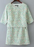 Romwe Floral Lace Crop Green Top With Pockets Skirt