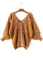 Romwe Khaki Sequin Detail V Neck Lantern Sleeve Sweater