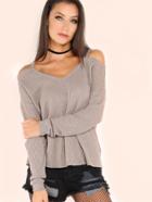 Romwe Waffle Knit Cold Shoulder T-shirt