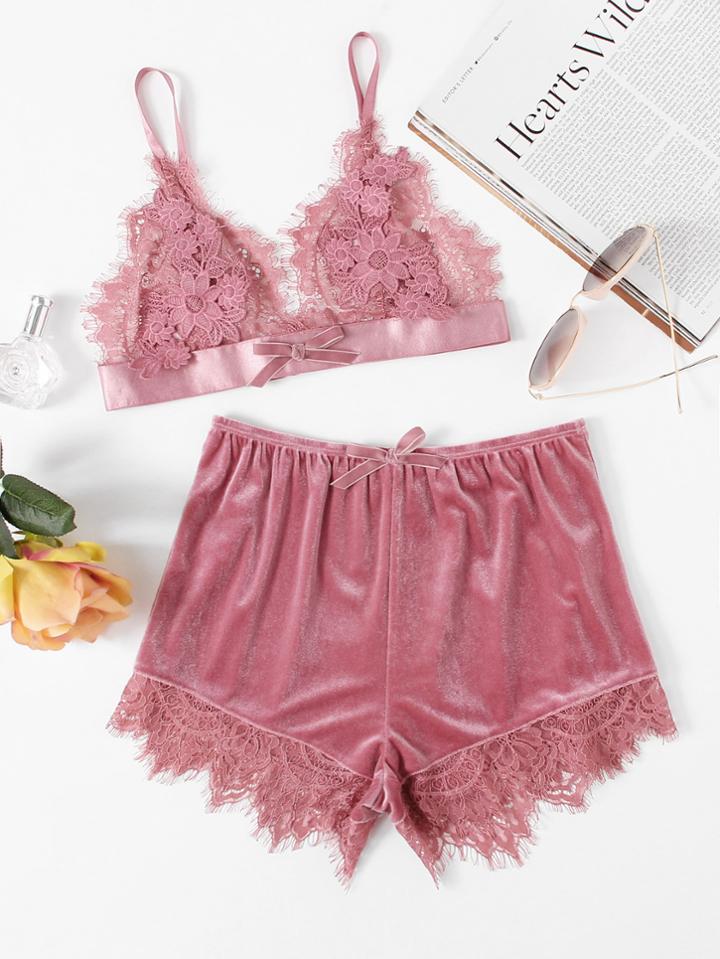 Romwe Applique Detail Lace Bralette & Velvet Shorts Set