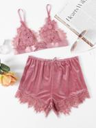 Romwe Applique Detail Lace Bralette & Velvet Shorts Set