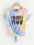 Romwe Letter Print Knot Front Tie Dye Tee