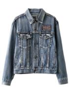 Romwe Blue Embroidered Patch Detail Denim Jacket