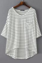 Romwe Dip Hem With Pocket Striped White T-shirt