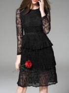 Romwe Black Sheer Ruffle Pleated Lace Dress