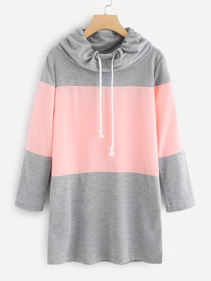 Romwe Cowl Neck Color Block Long Sweatshirt