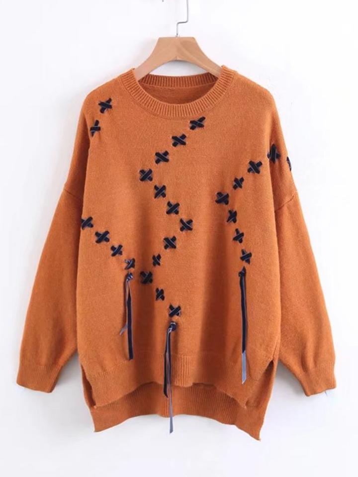 Romwe Lace Up Detail Dip Hem Sweater