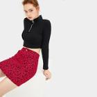 Romwe Button Waist Leopard Print Denim Skirt