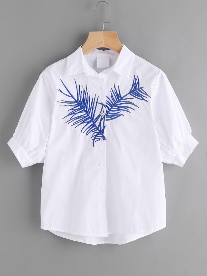 Romwe Leaf Embroidered Curved Hem Blouse