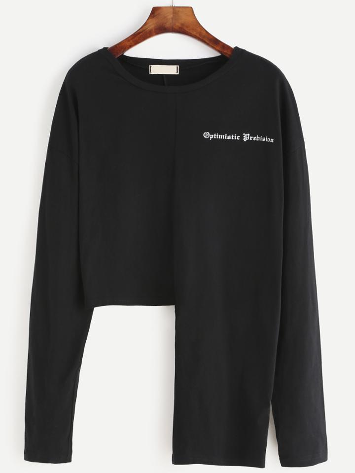 Romwe Black Letter Print Asymmetrical T-shirt