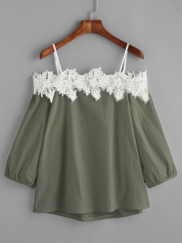 Romwe Army Green Cold Shoulder Applique Top