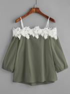 Romwe Army Green Cold Shoulder Applique Top