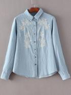 Romwe Light Blue Buttons Front Embroidery Denim Blouse