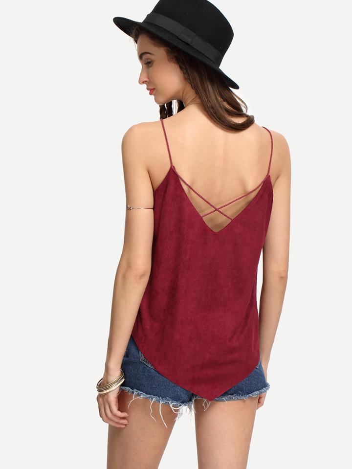 Romwe Burgandy Faux Suede Crisscross Asymmetric Cami Top