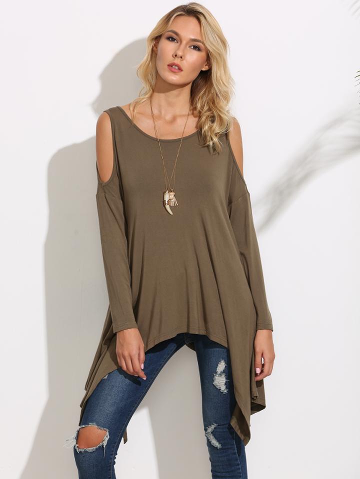Romwe Olive Green Cold Shoulder Asymmetric T-shirt
