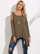 Romwe Olive Green Cold Shoulder Asymmetric T-shirt