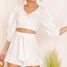 Romwe Lace Trim Crop Top & Ruffle Trim Shorts Set