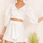 Romwe Lace Trim Crop Top & Ruffle Trim Shorts Set