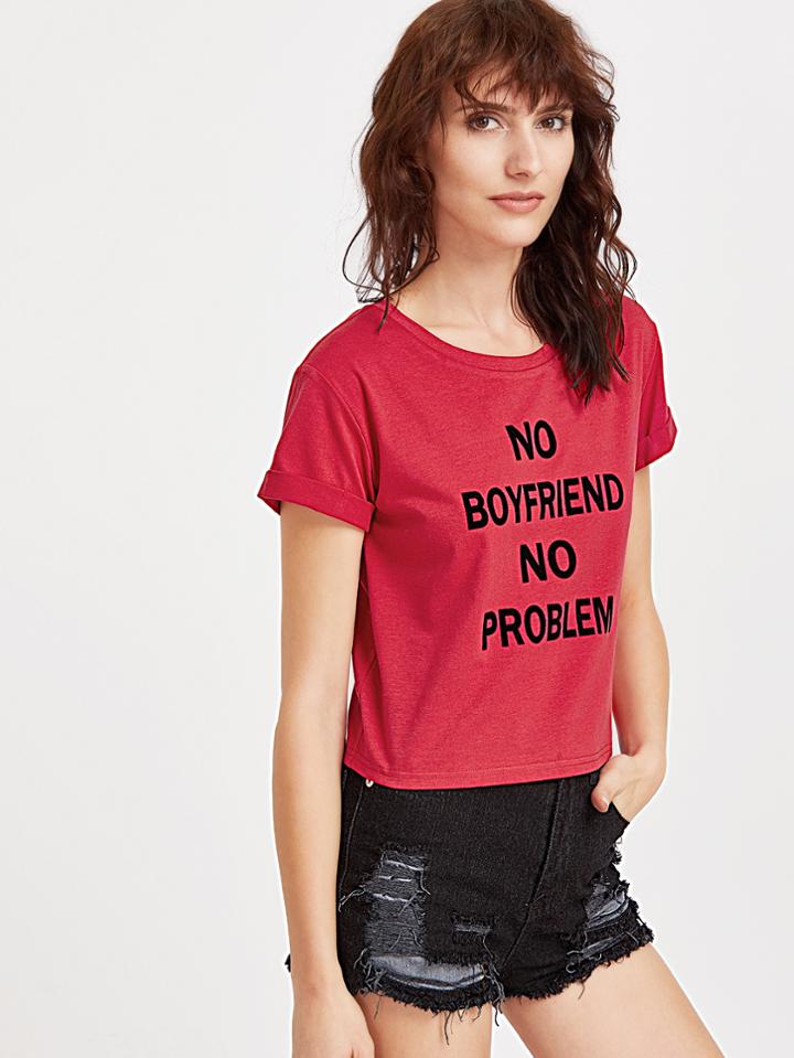 Romwe Red Letter Print Roll Sleeve T-shirt