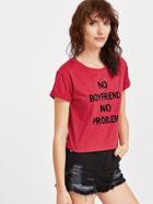 Romwe Red Letter Print Roll Sleeve T-shirt