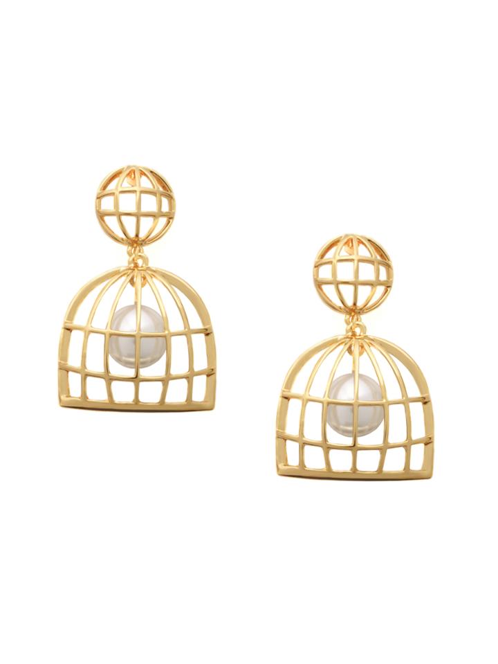 Romwe Gold Faux Pearl Hollow Out Stud Earrings