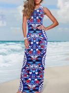 Romwe Geometric Print Beach Blue Dress