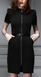 Romwe Black Short Sleeve Zipper Pockets Dress