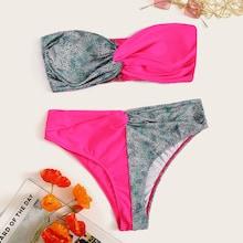 Romwe Contrast Neon Hot Pink Twist Bandeau Bikini Set