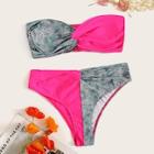 Romwe Contrast Neon Hot Pink Twist Bandeau Bikini Set