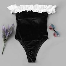 Romwe Frill Trim Velvet One Piece Swimsuit