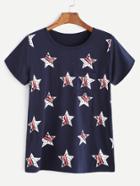 Romwe Navy Stars Print Pocket T-shirt
