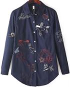 Romwe Embroidered Lapel Loose Navy Blouse