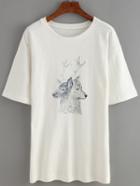 Romwe White Deer Print T-shirt