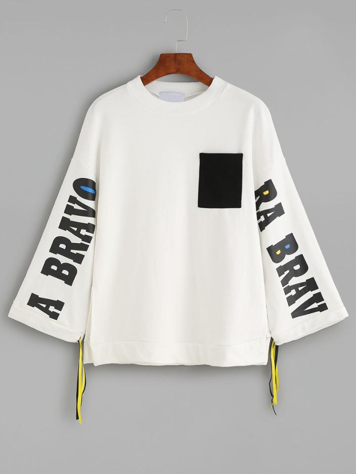 Romwe White Letters Print Contrast Pocket Drawstring Sweatshirt