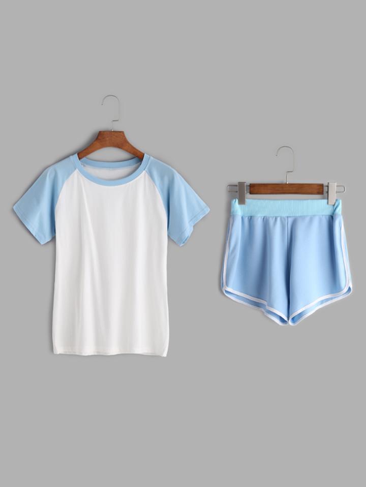 Romwe Contrast Raglan Sleeve Top With Elastic Waist Shorts