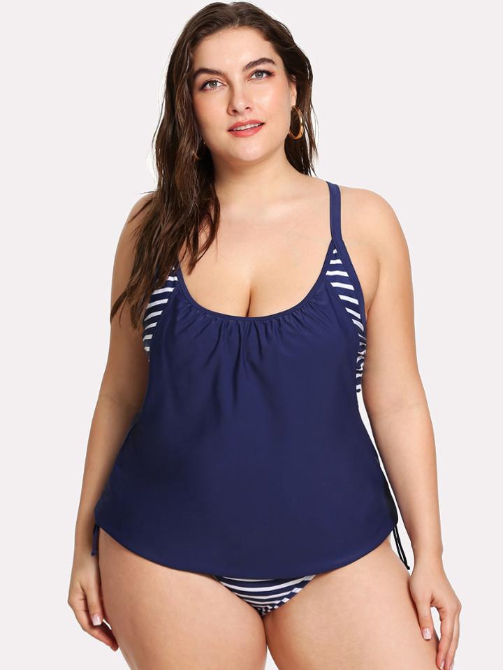 Romwe Cross Back Striped Tankini Set