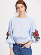 Romwe Embroidered Appliques Lantern Sleeve Shirred Top