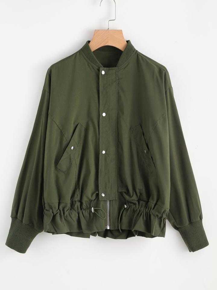 Romwe Drop Shoulder Drawstring Zip Up Jacket