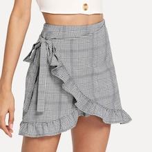 Romwe Frill Trim Knot Side Plaid Wrap Skirt
