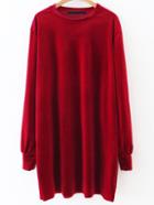 Romwe Red Long Sleeve Shift Velvet Dress