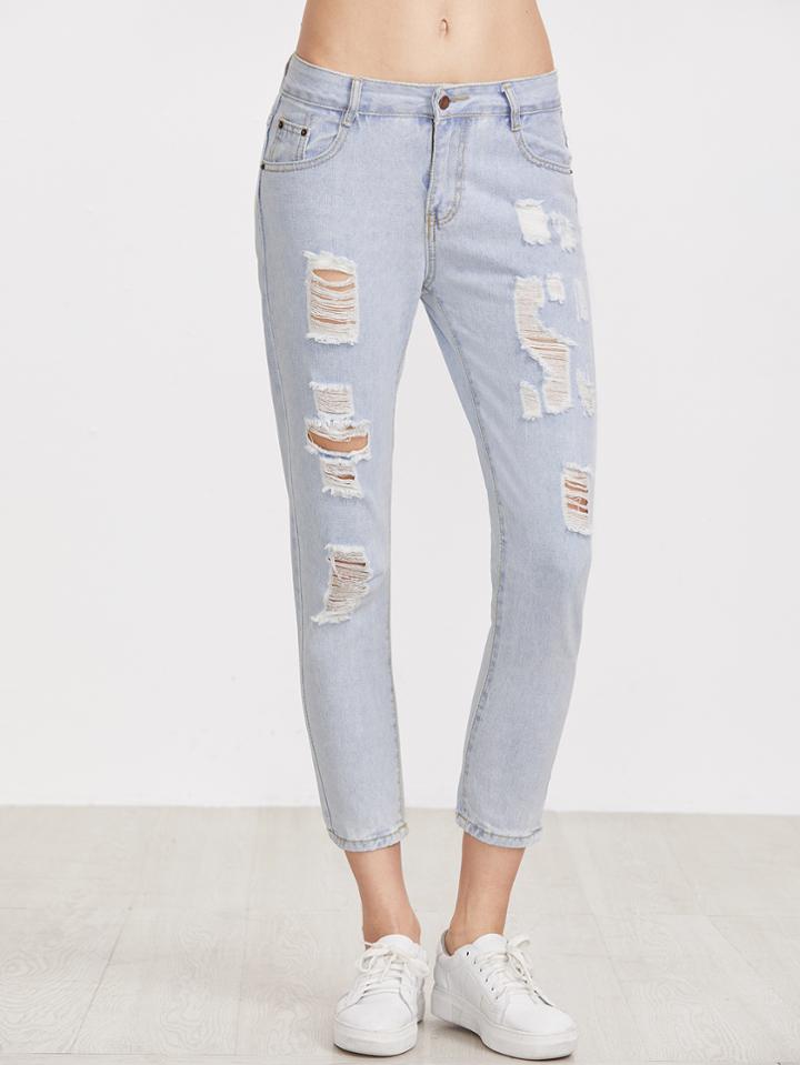 Romwe Pale Blue Ripped Pockets Jeans