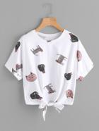 Romwe Cat Print Knot Front Tee