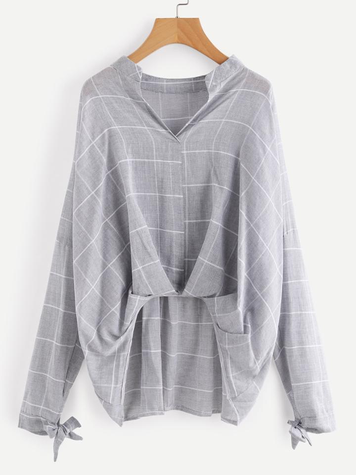 Romwe Grid Print Drop Shoulder Pleated Detail Blouse