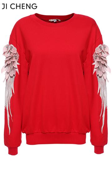 Romwe Wings Embroidered Red Sweatshirt