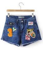 Romwe Deep Blue High Waist Embroidery Denim Short