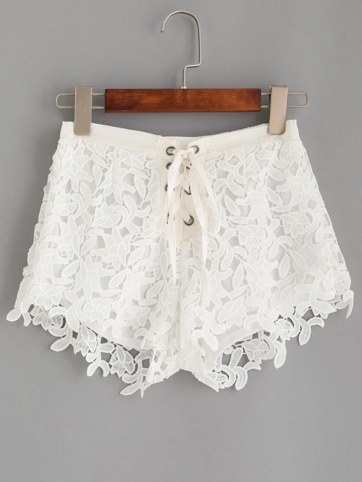 Romwe White Lace Up Crochet Overlay Shorts