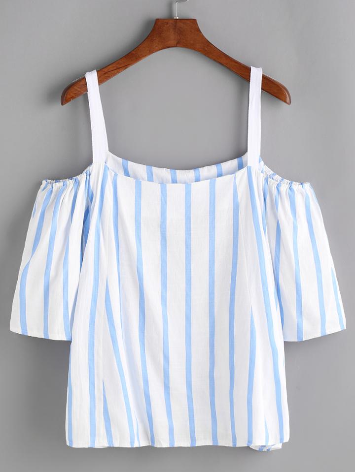 Romwe Contrast Striped Cold Shoulder Top