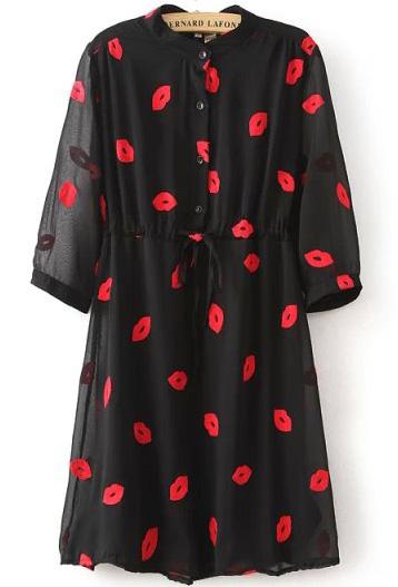 Romwe Black Stand Collar Lips Print Chiffon Dress