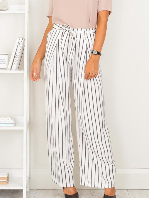 Romwe White Vertical Striped Self Tie Wide Leg Pants