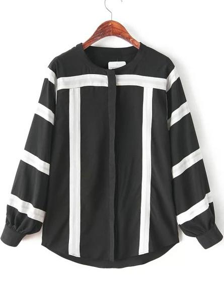 Romwe Black Long Sleeve Striped Loose Chiffon Blouse